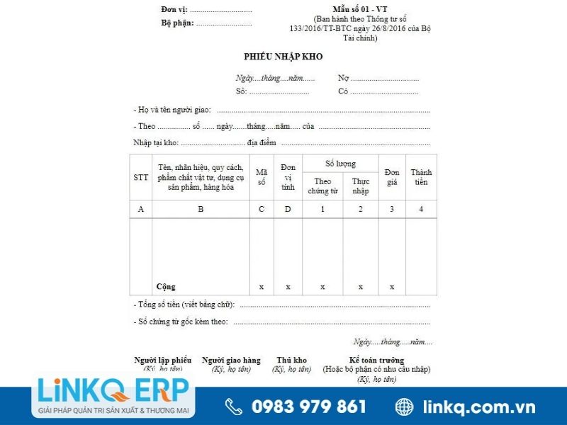 Phiếu nhập kho hàng hóa theo thông tư 133