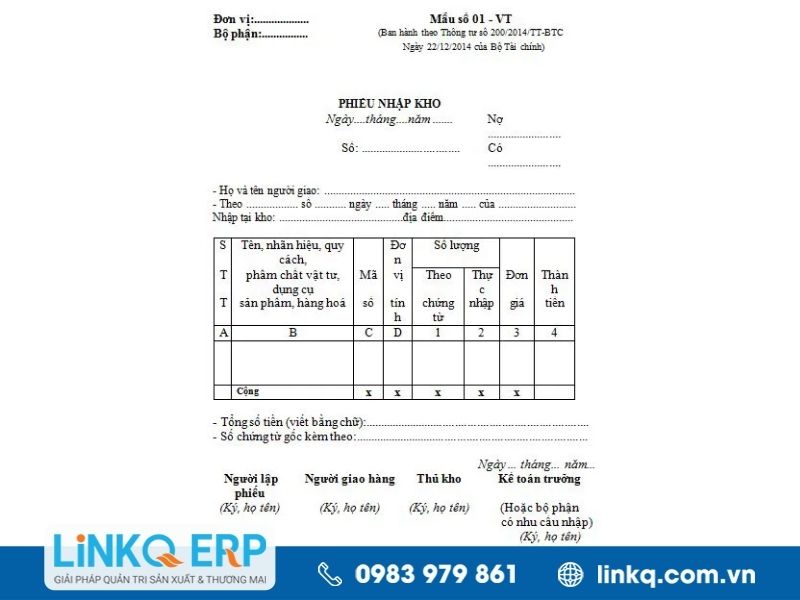 Phiếu nhập kho hàng hóa theo thông tư 200