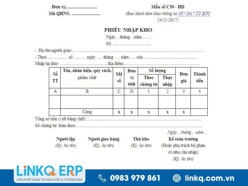 Phiếu nhập kho hàng hóa theo thông tư 107