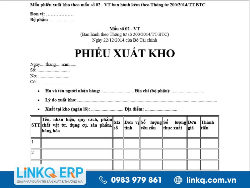 Mẫu số 02 - VT (Ban hành theo Thông tư số 200/2014/TT-BTC Ngày 22/12/2014 của Bộ Tài Chính
